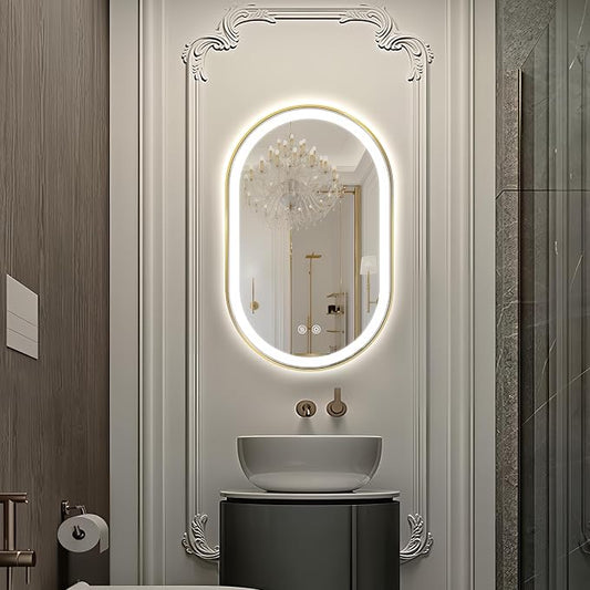 Oval LED Bathroom Mirror, Backlit + Front Lit Mirror Old Gold Frame | 3 Color Dimmable, Anti-Fog, 32"x20", Memory Function, Shatter-Proof, HD Glass, Pill-Shaped Mirror, Vertical or Horizontal