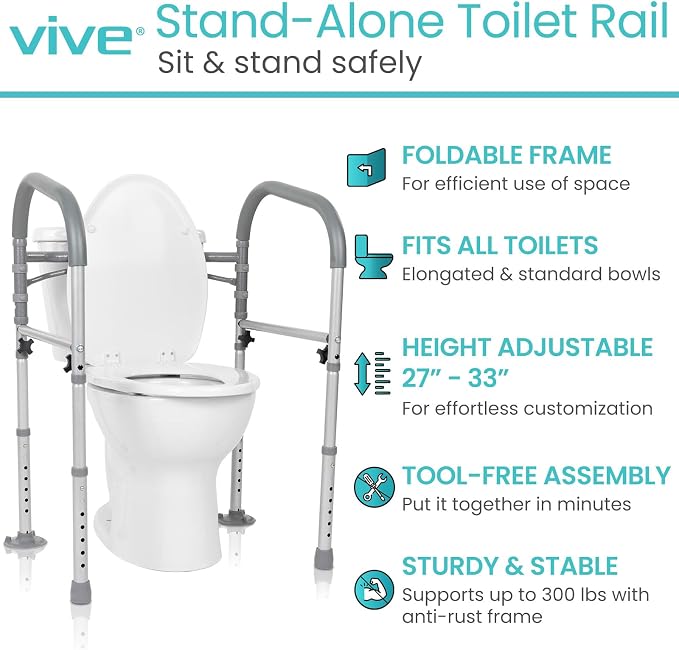 Vive Toilet Safety Rail - Medical Chair for Handicapped & Seniors - Folding | Bathroom Frame w/Handles, Arms for Elderly, Disabled - Standalone Grab Bar - Seat Assistance Support Stand Up Assist