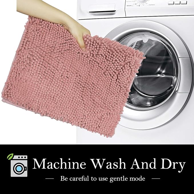 Bathroom Rugs Chenille Bath mat 2 Piece Set, Super Absorbent, Strong PVC Non Slip Backing, Bath mats for Bathroom, Plush Shaggy, Thick, Machine Washable, Bathtub, Toilet.(Deep Pink)