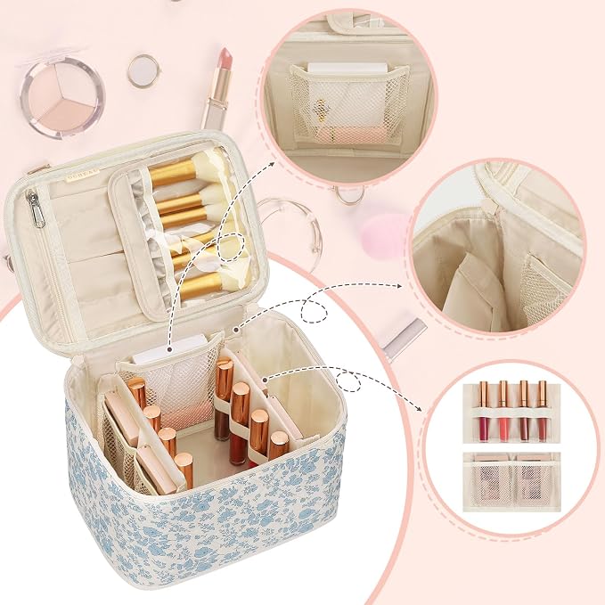 Travel Makeup Bag, Cosmetic Bags for Women Makeup Case Organizer Large Capacity Travel Toiletry Bag Storage Bags with Divider and Handle for Cosmetics Toiletries Brushes Tools-Blue Floral