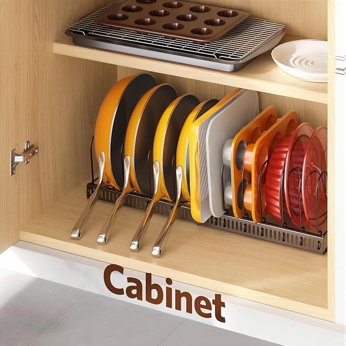 Pots and Pans Organizer under Cabinet, 11.8-22.8" 12 Dividers Bronze | Extends 11.8-22.8", Holds pot lids, pans, cookware and bakeware, Adjustable dividers, for under cabinet or countertop