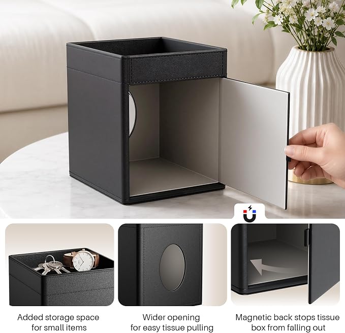 Square Tissue Box Holder with Storage Tray Tissue Box Cover, Tissues Cube Boxes Cover for Nightst, Dining Table, Dressing Table, Tea Table, Coffee Bar (Black)