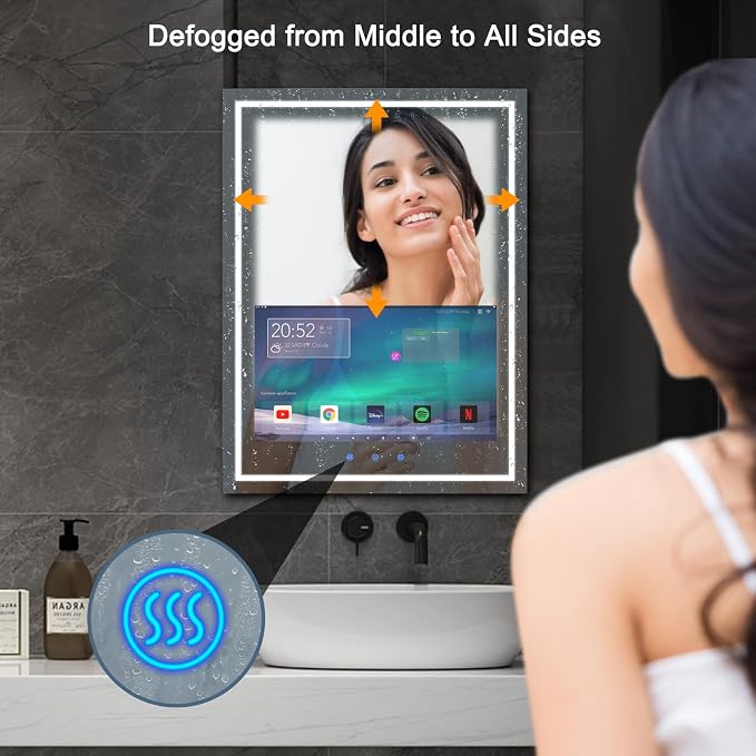 24x32 Inch LED Smart Bathroom Mirror with 21.5" Hidden Touchscreen System | Android 11,Anti-Fog,IP66 Waterproof,3-Color LED Light,Clock&Weather Display,Built-in Speaker,WiFi Bluetooth HDMI,Wall-Mounted