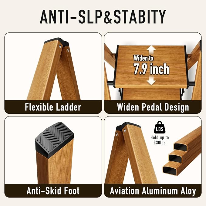 Mayi Plus 3 Step Stool Foldable, Aluminum, Lightweight Step Ladder | Extra-wide anti-slip folding steps with 330 lbs, for home,kitchen,office,outdoor,Woodgrain