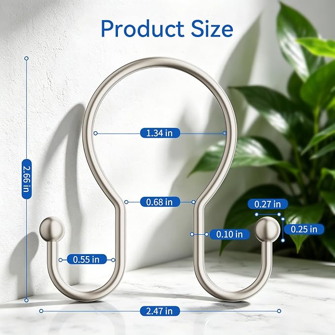 OEH Shower Curtain Hooks, 12 Pcs Minimalist Shower Curtain Rings, Metal Shower Curtain Hangers, Double Hook Shower Curtain Hooks Rust Proof, Smooth Sturdy Shower Hooks for Shower Curtain, Matte Nickel