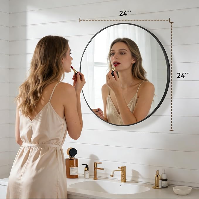 NEWBULIG 24 Inch Round Bathroom Mirror, Wall Mount Vanity Mirror | Circle Mirror for Over Sink, Matte Metal Frame, Entryway Decor, Bedroom Decor, Black