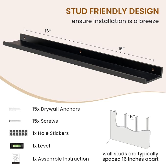 Picture Ledge Shelf, Floating Shelves for Decor Storage Set of 6, 36 inch Floating Wall Mounted Shelves, Wall Shelves with Lip for Living Room, Bedroom, Nursery, Bathroom, Kitchen, Black