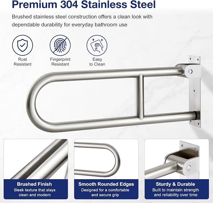 24 Inch Toilet Grab Bar-304 Stainless Steel Flip Up Handrail | Brushed finish | Wall mounted | 1.25 inch grip | Space saving fold up design | Template & hardware included