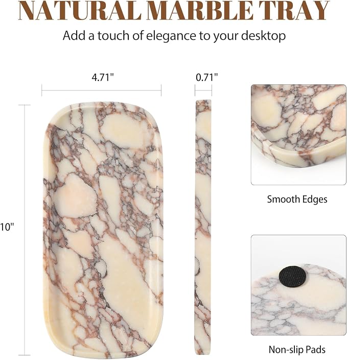 Luxury Calacatta Viola Marble Tray, 10"x5" Marble Vanity Tray for Bathroom Countertop Kitchen Sink, Rectangular Stone Tray for Perfume Fragrance Jewelry, Decorative Catchall Tray Organizer