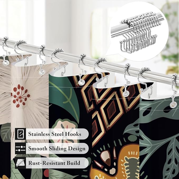 MitoVilla 3 in 1 Extra Long Boho Floral Shower Curtain Set-72 W x 84 H, Vintage Shower Curtain and Waterproof Fabric PEVA Liner Set with 12 Stainless Steel Hooks