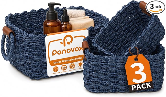 Small Wicker Baskets, 3 PCS Paper Rope Baskets for Shelves, Blue | Recycled Small Baskets, 3 Sizes Woven Baskets for Organizing, Decorative Storage Baskets for Bedroom and Bathroom