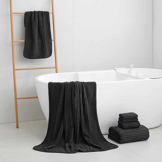 6 Piece Bath Towel Set, 40"x80" Oversized Bath Sheets, Black | Microfiber, Quick Dry, Highly Absorbent, Towels for Bathroom, 2 Extra Large Bath Towels, 2 Soft Hand Towels, 2 Washcloths