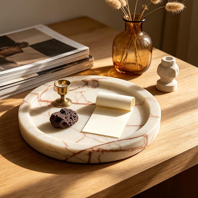 Natural Marble Tray Round 6 Inch Stone Vanity Tray for Home Decor, Pink | Stone Vanity Dish Trinket Catch All, Inner 5.5 Inch Decorative Tray Organizer for Bathroom Kitchen Nightstand Counter Dresser