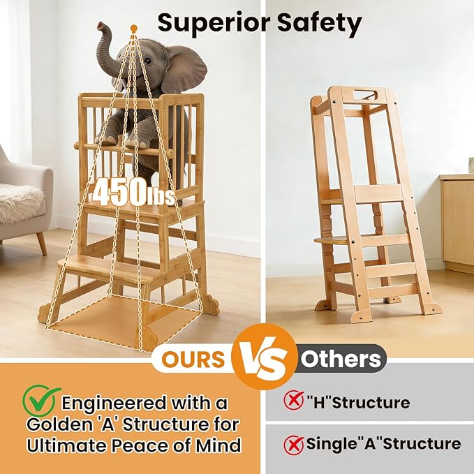 HBTower Toddler Standing Tower, Kids Kitchen Step Stool with Safety Rails | Stable Toddler Learning Tower for Kitchen Counter with Anti-Slip Feet, Hold Up to 450 LBS, Natural Bamboo & Easy to Clean