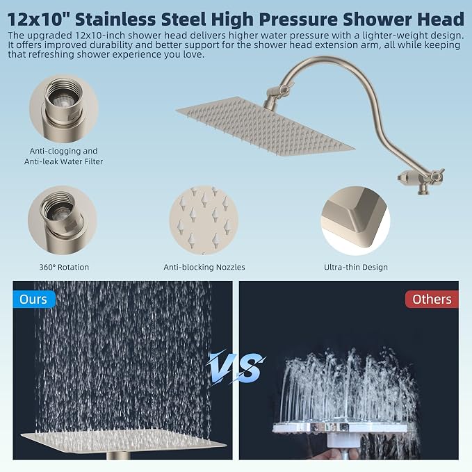 Hibbent 12'' All Metal CUPC Certified Shower Head, High Pressure Rainfall Shower Head, Handheld Showerhead Combo, 12'' Adjustable Extension Arm, 10-Spray, 71'' Hose, Showerhead Holder, Brushed Nickel