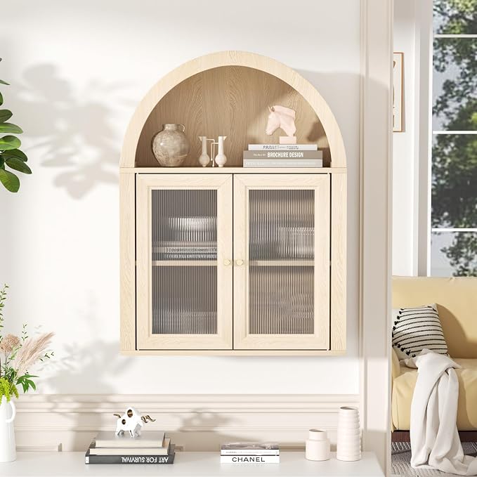 Medicine Cabinet with Arched Top, Bathroom Wall Cabinet Over Toilet with Wave Pattern Acrylic Doors and Removable Shelf, Roman Style Small Wall Cabinets for Kitchen, Living room, Laundry Room, Oak