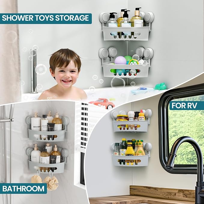 TAILI Corner Shower Caddy with Suction Cups, Wall Organizer Plastic Rack | Small Bathroom Caddy, Removable, Drill-Free, Heavy Duty Shower Shelf, Grey