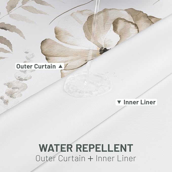 No Hook Floral Shower Curtain with Liner, Beige, 71x74 | Snap in Liner, 3 in 1, Water Repellent, Easy Install, Machine Washable, Hotel Style for Bathroom, Watercolor Pattern