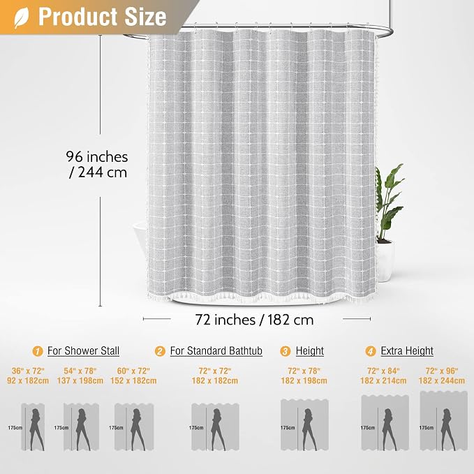 Extra Long Boho Farmhouse Linen Shower Curtain Set, 72x96, Gray/Grey | Extra Tall Size, 330GSM Linen Blend, 3-side Tassels, Waterproof Fabric, 12 Plastic Hooks, Rustic Bohemian, Machine Washable