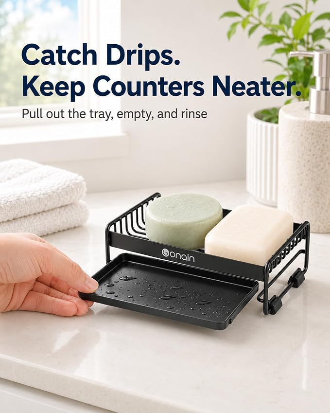 Olamar Soap Dish for Shower, Carbon Steel Shampoo Bar Soap Holder | carbon steel, removable Self-drain tray, raised rack, anti-slip feet, for sink countertop