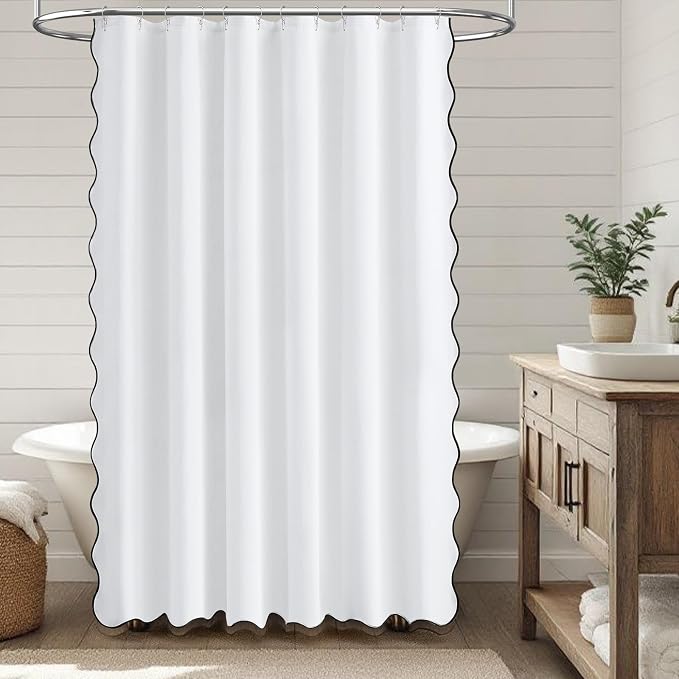 72x78 Boho Scalloped Linen Textured Cloth Shower Curtain Set, White | Long Size, 230GSM Waterproof Polyester, Heavy Duty Fabric, 12 Plastic Hooks, Elegant Modern Farmhouse Style, Machine Washable