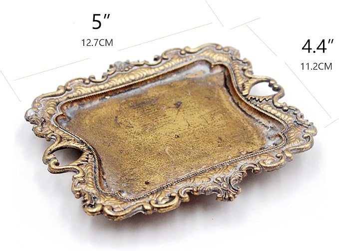 Funly mee Small Antique Trinket Dish Vintage Gold Metal Jewelry Tray, Ring Holder-5.3 x 3.5 x 1.2 inches | Antique gold ,Vintage small tray