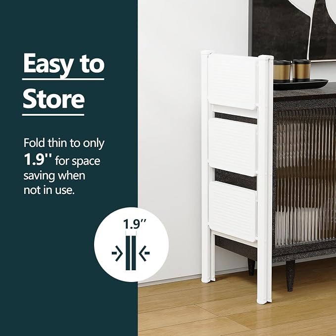 3 Step Foldable Step Stool, 330lbs Load, White | Folded 36'' H x 2'' T; Net 9.9 lbs; Anti-Slip Feet Grip Wood, Tile, Carpet; Wide Pedals; For Kitchens, Closets.
