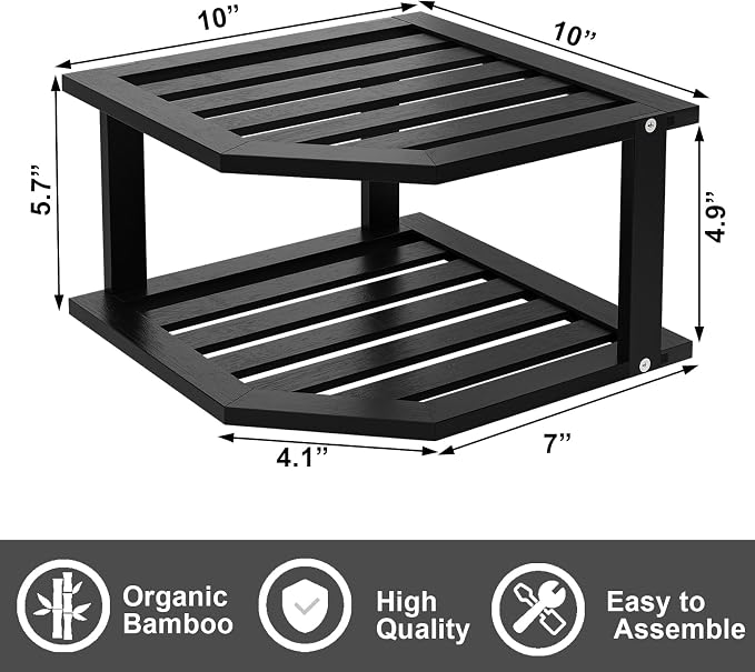VERTORGAN 2 Tier Bamboo Dish Drying Rack,Corner Shelf 2 Pack(Black) | Pantry Storage,Dish Rack,Spice Rack,Corner Organizer,Kitchen Counter Shelves,Kitchen Storage,Holds Plates