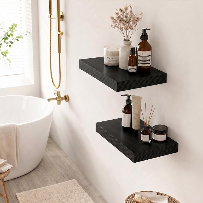 Deep Floating Shelves for Wall, 16 Inch Wide Small Wall Shelves Set of 2, 2 Inch Thick Invisible Wall Mounted Shelves for Bathroom Bedroom Nursery,Black