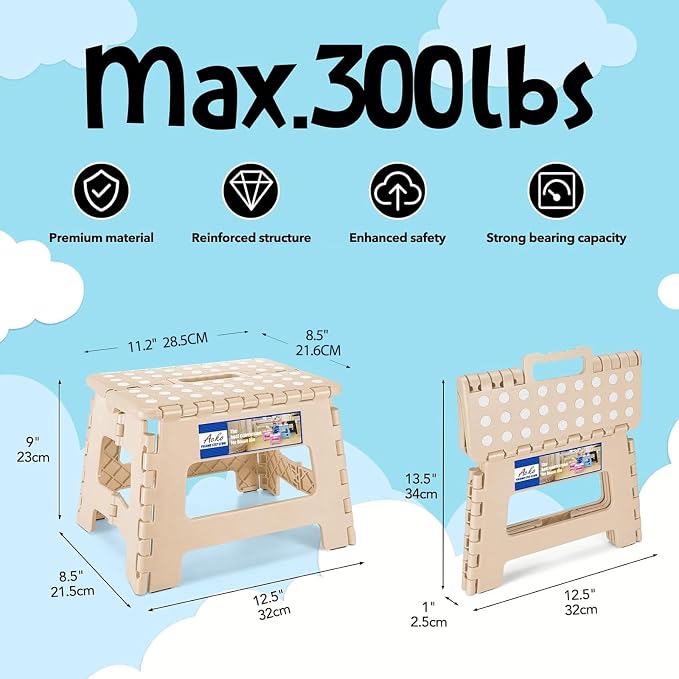 ACKO Folding Step Stool 9 Inch, Non-Slip Foldable Stools for Kids, Khaki | Heavy Duty Collapsible Foot Stool, Lightweight, Holds 300lb for Toddler/Adults Kitchen Bathroom Bedroom Outdoor, with Handle