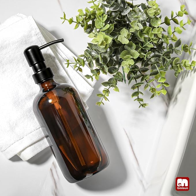 GMISUN Amber Glass Soap Dispenser, 1 Pack Dish Soap Dispensers for Kitchen with Rustproof Stainless Steel Pump, 17 Fl Oz Bathroom Hand Soap Dispenser, Brown Liquid Dishwashing Dispensers Bottle
