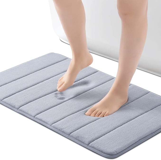 ROSMARUS Memory Foam Bath Mat, 17''x24'', Grey | Water Absorbent, Ultra Soft, Non Slip, Thick Foam, Bathroom Rugs for Floor & Tub, Machine Washable Care