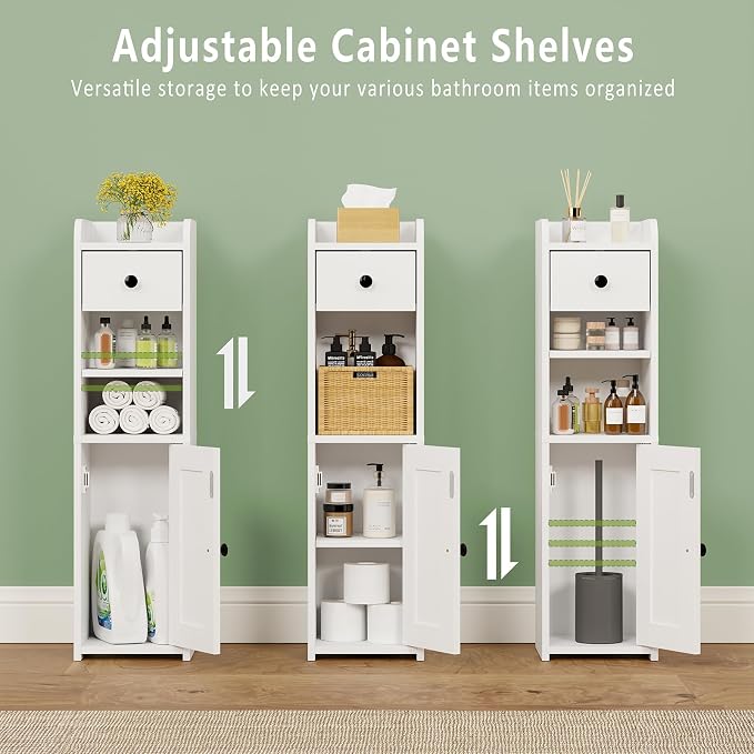 Lomojo Small Bathroom Storage Cabinet with Drawer,7.75L*7.75D*29.6H (White) | Narrow Toilet Paper Holder, Corner Floor with Doors for Small Space, Adjustable Shelf Organizer