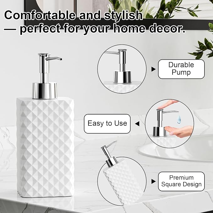 Bathroom Accessories Set Resin 6PCS, Square Toothbrush Holders Set Complete with Soap Dispenser, Vanity Tray, Tumbler, Cups and Cotton Swab Jars (White Diamond, Resin Bath 6 PCS)