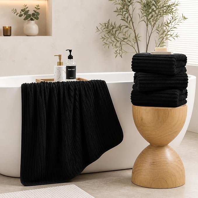 4 Piece Bath Towels, 30"x60" Microfiber Towels Set, Black | Large Bathroom Towels, Soft Touch, Highly Absorbent, Quick Dry, Lint Free, Long-Lasting, Family Use, Guest Bath & Daily Use