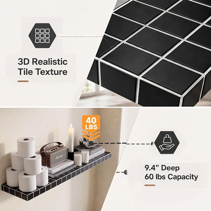 Large Floating Shelves, Set of 2, Modern, Black with White Lines | 35.4"W x 9.4"D x 1.5"H, set of 2, 40 lbs each, 3D tile texture, bathroom & living room, splash-resistant, ~30 min assembly.