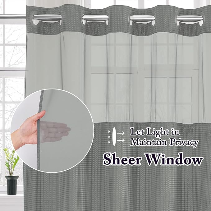 No Hook Cloth Grey Shower Curtain with Liner, 72x86 | Snap-in Fabric Liner, Hotel Style with Mesh Top Window, Waterproof Coating, Machine Washable, Rustproof Grommets