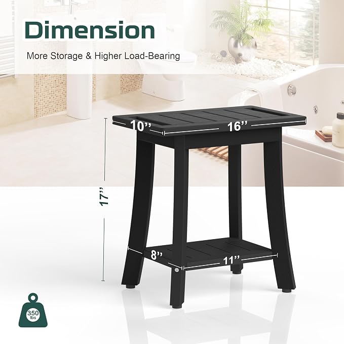 Waterproof HIPS Shower Bench for Inside Shower, Shower Stool, Black | For seating and leg shaving, Wood-Look texture, Easy care, Non-slip leveling feet, Storage shelf, Indoor/Outdoor use, 350 lb