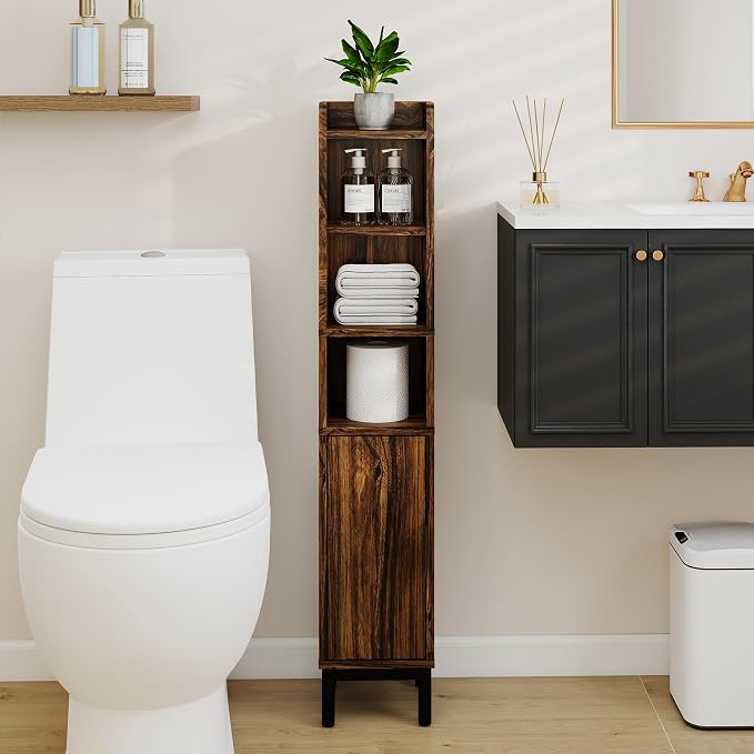 Slim Bathroom Storage Cabinet Narrow Corner Cabinet for Toilet Paper | FerniTry Small Freestanding Cabinet Bathroom Organizer with Adjustable Shelf for Small Spaces Walnut 5 Tiers