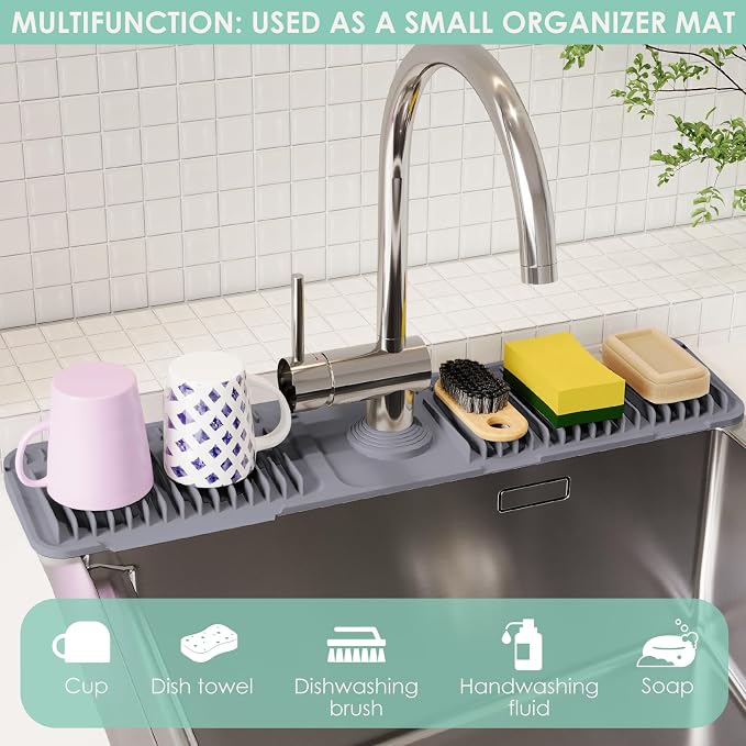 24-Inch Silicone Faucet Mat for Kitchen Sink Splash Guard, 7° Slope | 24"x5.5" water draining mat with fasten button; 1.6-2.75" customizable hole for bathroom, RV & kitchen sink drip catcher.