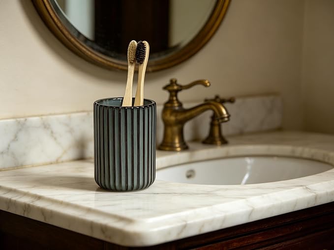 Stoneware Toothbrush Holder for Bathroom Tooth Brush Holder for Bathroom Toothbrush Cup Toothbrush Holders Cute Fluted Vertical Ribbed Stripe (Concrete Grey)