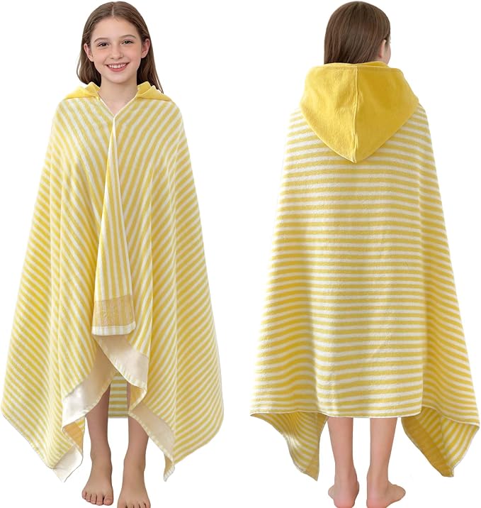 VOOVA & MOVAS Big Kids Hooded Beach Wrap, 8+, 100% Cotton,Yellow White | Yellow Stripe Design, Soft, Absorbent & Quick Dry, Ideal for Girls’ Bath, Beach and Pool Use