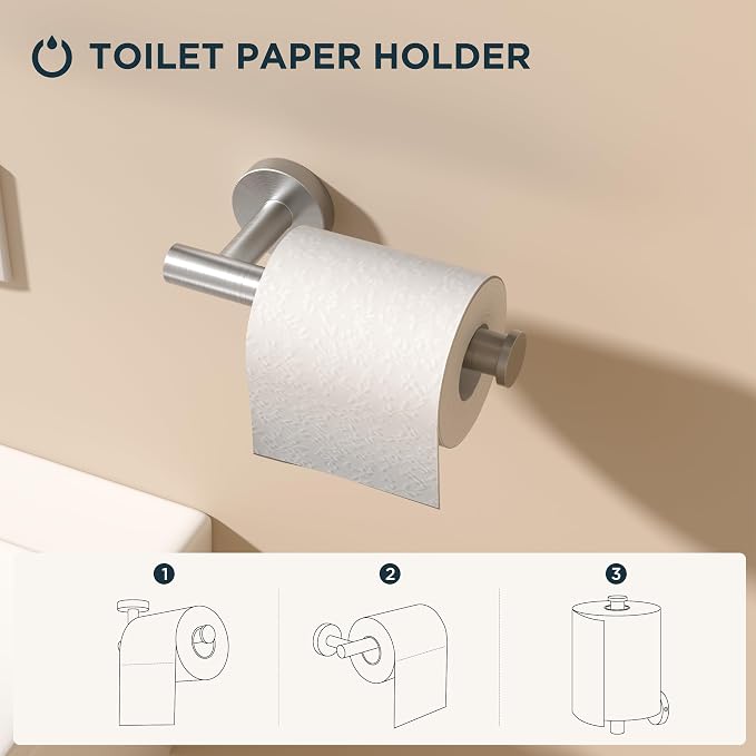 FORIOUS Bathroom Accessories Set, 4-Piece Bathroom Hardware Set | Brushed Nickel | SUS304 Stainless Steel Towel Ring, 2 Towel Hooks, and Toilet Paper Holder Wall Mounted
