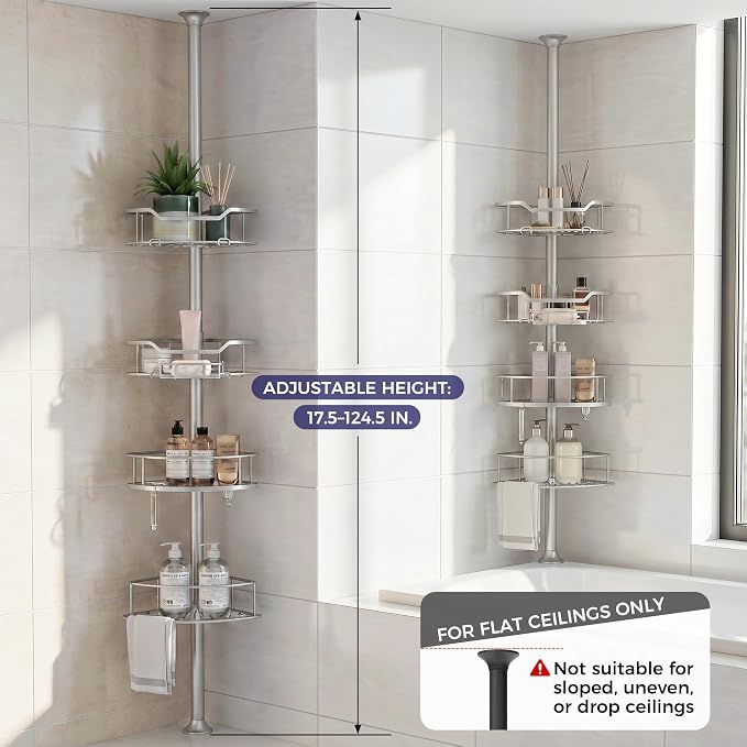 Corner Shower Caddy Tension Pole, 4-Tier Fan-Shaped Adjustable Rustproof Bathroom Organizer Shelves, 47"-125'', No-Drill Quick Installation for Inside Shower, Bathtub, Sliver (SILVER)