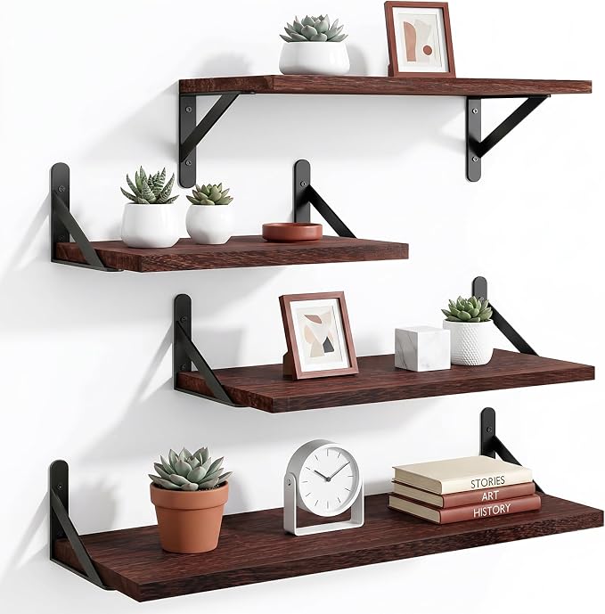 YGEOMER Floating Shelves for Wall, Different Sizes Walnut Red Brown Wall Shelves for Living Room, Bathroom, Bedroom, Kitchen, Home Decor (Set of 4) | Rustic wood shelves in mixed sizes for flexible combined storage. Fits bathroom, kitchen, living room,...