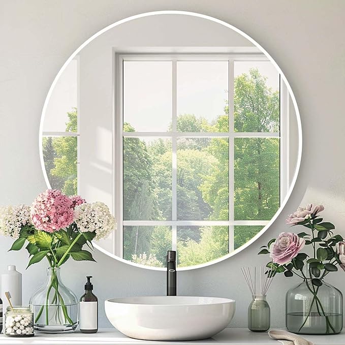 Round White Mirror 24 Inch, Matte White Metal Frame, Circle Mirror | Circular Wall Mounted Mirrors for Bathroom, Living Room, Bedroom, Entryway, Hallway, Dining Room, Wall Decor, Thin Frame