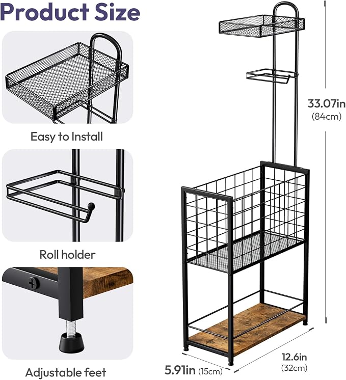 SWTYMIKI Freestanding Toilet Paper Holder - 4-Tier Free Standing Toilet Paper Holder Stand with Large Basket, Stand Mega Roll Storage Rack for Extra Rolls, Magazines, Wet Wipes, Black