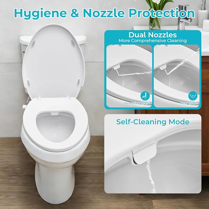 Bidet Toilet Seat for Elongated Toilets and Sprayer Handheld Toilet Adjustable Water Pressure and Self-Cleaning Dual NozzlesExclusive Single Nozzle High Pressure Mode for Cleaning Stubborn Stains