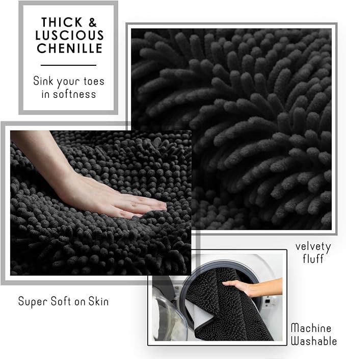 Hearth & Harbor Bathroom Rugs, Chenille Bath Mat - Machine Washable Bath Mats for Bathroom Non-Slip Backing Rubber, Quick Dry Mat - Black Bath Rug, 17x24-20x32-20x24
