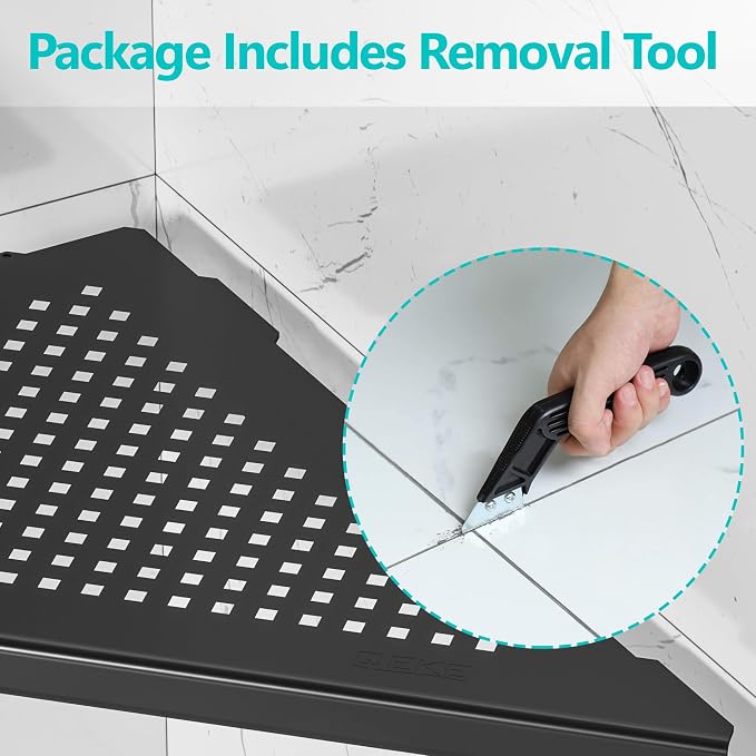 Qeke Bathroom Corner Shelf, Recessed 12" Shower Shelf Caddy, SUS304 Stainless Steel Shelf Wall Mount Triangular, No Drilling, Matte Black | 304 Stainless Steel Grout in Bathroom Corner Shelves, Bathroom Shelf for Tiled Wall, Rustproof, No Drilling Requ...